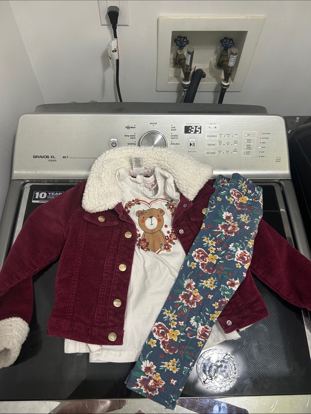 Girls 4t three piece matching outfit flower leggings pants bear corduroy jacket
